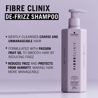 Fibre Clinix De-frizz Shampoo bottle with de-frizz benefit text for coarse and unmanageable hair. 