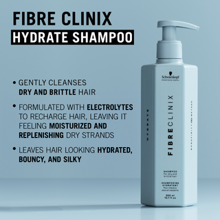 Fibre Clinix Hydrate Shampoo bottle with hydration benefit text for dry and brittle hair