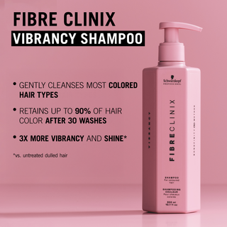 Fibre Clinix Vibrancy Shampoo bottle with benefit text for coloured hair on a light pink background
