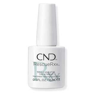 CND Rescue Rxx Daily Keratin Treatment 0.5 fl oz in a white and blue polish-style bottle with brush applicator.