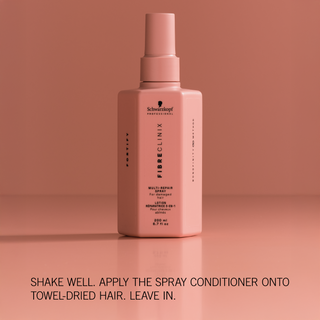 Fibre Clinix Fortify Multi-repair spray on a light orange background with application text along the bottom