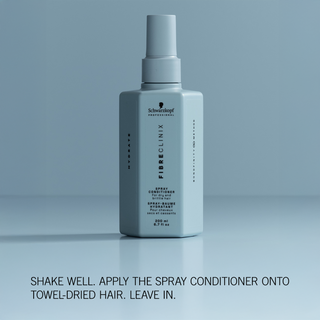 Fibre Clinix Hydrate Spray Conditioner bottle on a light blue background with application text along the bottom