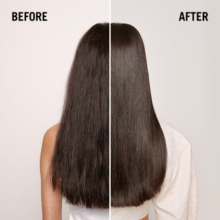Before and after comparison of long, straight hair on a person with a plain background.