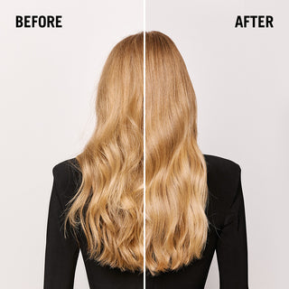 Before and after comparison of blonde hair with a plain background