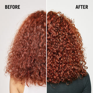 Before and after comparison of curly hair with a neutral background