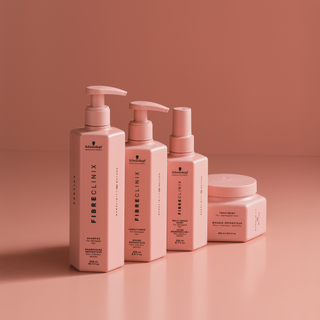 Fibre Clinix Fortify shampoo, conditioner,, multi-repair spray, treatment masque displayed in a row