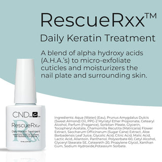 CND Rescue Rxx Daily Keratin Treatment 0.5 fl oz in a white and blue polish-style bottle with ingredients listed.