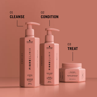 Fibre Clinix Fortify shampoo, conditioner, treatment masque, shown as a three step hair care routine.