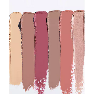 Set of five lip swatches in various shades on a white background