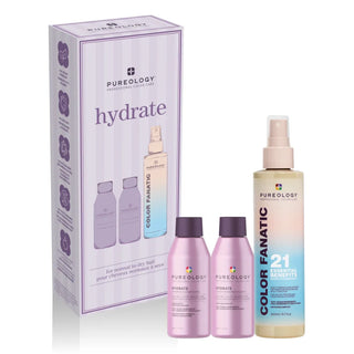 product set of mini shampoo, conditioner, and a full size leave in spray. The shampoo and conditioner are in light purple bottles with a twist off cap in dark purple. The leave in spray is beige with a pink and blue label. The spray cap is a blush pink. Behind the products is the box it comes in which is light purple and has the products on the box.