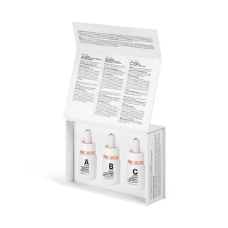 Open box showing Iconic Perfection 3-Phase Antioxidant Program by Diego Dalla Palma, 3 bottles of 15ml each.