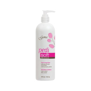 Gena Pedi Soft 16oz Lotion in a white and pink pump bottle.