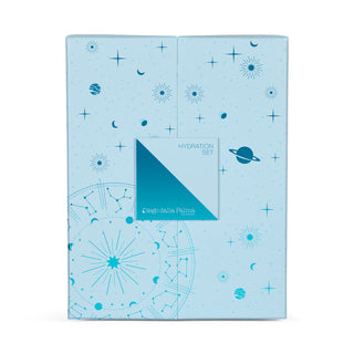 light blue box with dark blue celestial design on white background