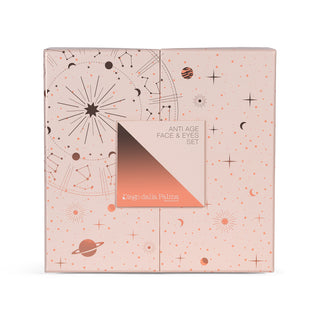 Cosmetic packaging box with celestial patterns and brand name on a white background