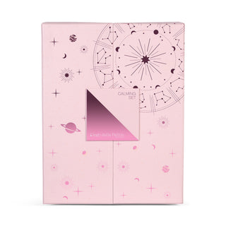 Light pink box with darker pink celestial design on a white background