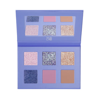 RVB LAB eyeshadow palette with 6 shades in shimmer and matte finishes, featuring pink, gold, beige, blue, and purple in a sleek periwinkle compact.