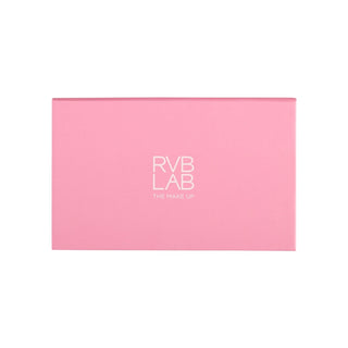 A closed pink compact with white 'RVB LAB' in the middle.