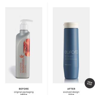 Old packaging vs. new design for Eufora Daily Balance Volume Conditioner, showcasing updated branding and bottle style.