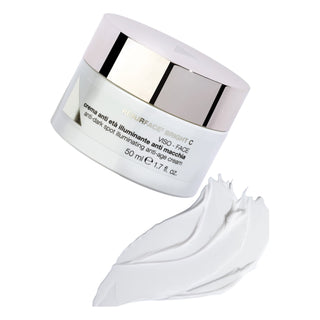 50ml jar of 24-Hour Anti-Dark Spot Illuminating Anti-Age Cream by Diego Dalla Palma, with a creamy swatch.