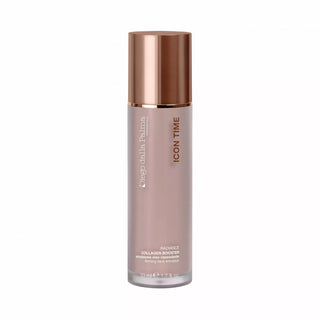 Skincare bottle with bronze cap and beige body on a white background