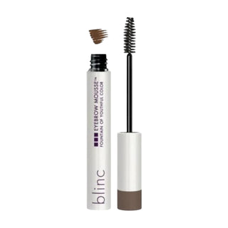 Blinc Eyebrow Mousse in Dark Brunette, packaged in a sleek silver tube with applicator wand.