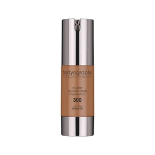Bodyography Natural Finish Foundation #300 (Very Dark, Warm Undertone) in 30g clear pump bottle.