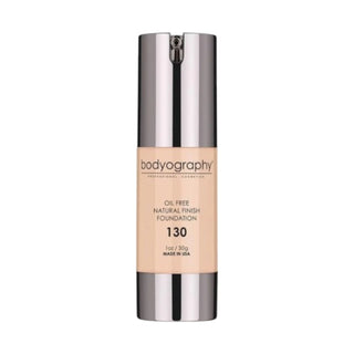 Bodyography Natural Finish Foundation #130 (Light/Medium, Neutral Undertone) in 30g clear pump bottle.