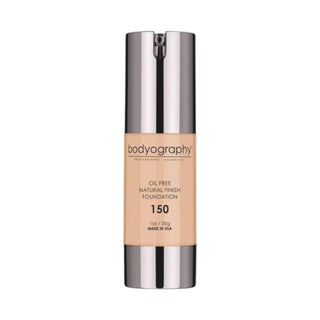 Bodyography Natural Finish Foundation #150 (Light/Medium, Warm Undertone) in 30g clear pump bottle.
