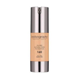 Bodyography Natural Finish Foundation #160 (Medium, Neutral Undertone) in 30g clear pump bottle.