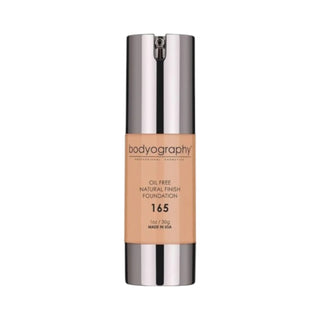 Bodyography Natural Finish Foundation #165 (Medium, Warm Undertone) in 30g clear pump bottle.