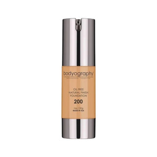 Bodyography Natural Finish Foundation #200 (Medium/Dark, Warm Undertone) in 30g clear pump bottle.