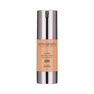 Bodyography Natural Finish Foundation #220 (Medium/Dark, Cool Undertone) in 30g clear pump bottle.