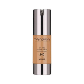 Bodyography Natural Finish Foundation #240 (Dark, Warm Undertone) in 30g clear pump bottle.