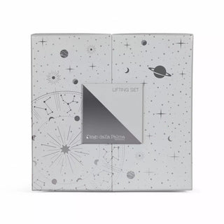 Skincare packaging with grey celestial design on white background