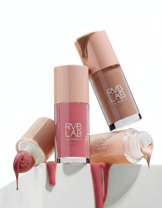 RVB LAB makeup liquid blush, bronzer, and highlighter. The product is in clear packaging, the blush is pink, bronzer brown, and highlighter is champagne colour, with a doe foot applicator