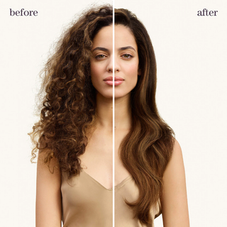 Picture displays a before and after of the products used. The before (right hand side) the hair is curly, frizzy, and looks dry. The after (right hand side) the hair is styled straight, looks healthy and hydrated.