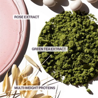 Picture displays ingredients used in product such as rose extract (oil consistency and blush pink), green tea (powder consistency and green), and proteins (which look like pieces of grain)