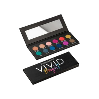Bodyography Vivid Bright Eyeshadow Palette open with 12 vibrant shades in matte, duo-chrome, and metallic finishes.